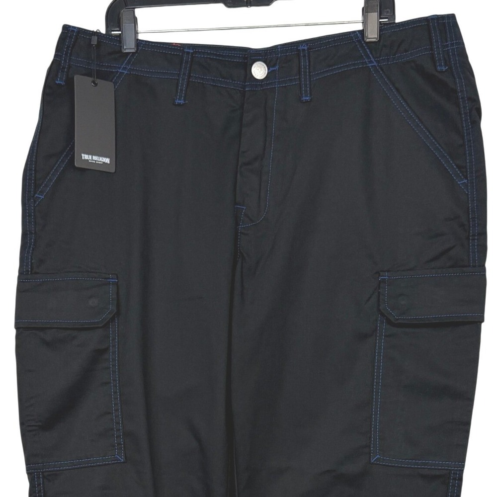 NEW True Religion Cargo Pants Mens 36 Black Blue Contrast Stitch Streetwear $164